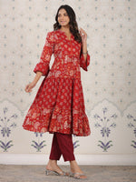 Thumbnail for Ode by House of Pataudi Ethnic Motifs Printed Cotton Tiering Kurta - Distacart
