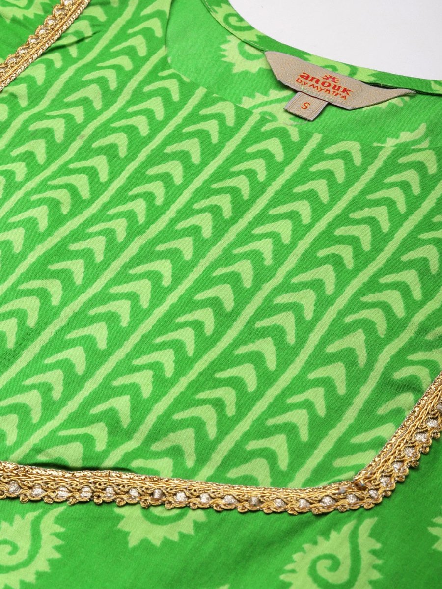 Anouk Ethnic Motifs Printed Thread Work Pure Cotton Kurta With Palazzos & With Dupatta - Distacart