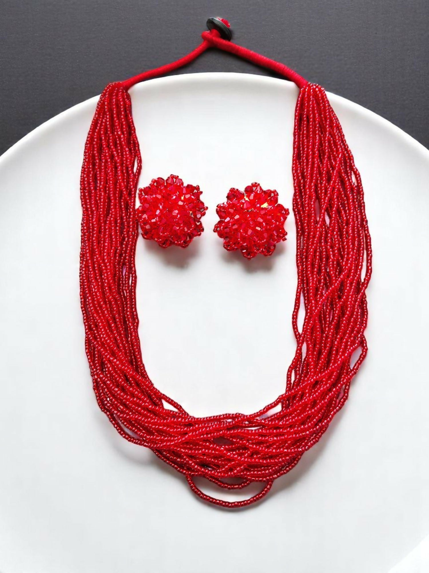 Inhanns Vibrant Handmade 20 Layers Beaded Necklace With Matching Earrings - Red - Distacart