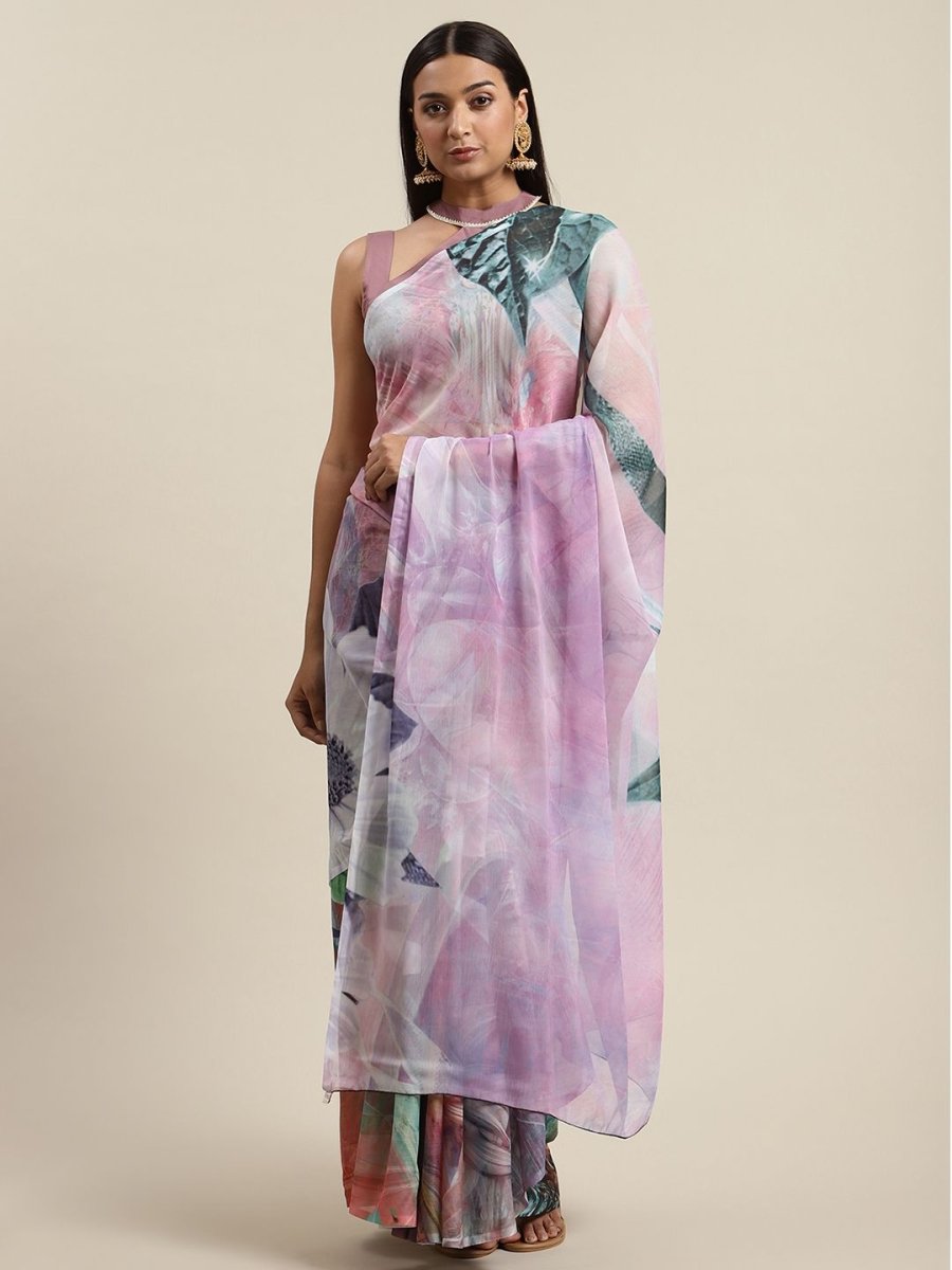 Ahalyaa Women's Lavender Colour Chiffon Digital Print Saree - Distacart