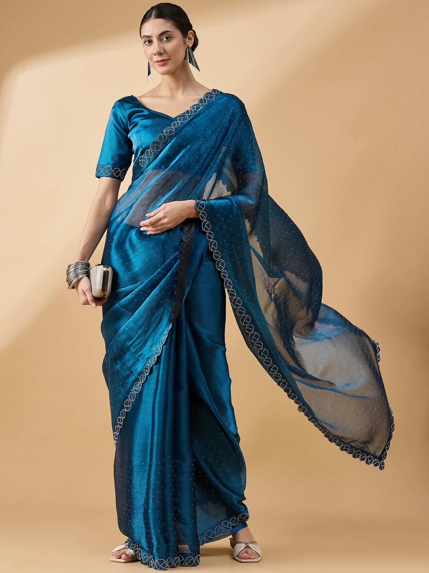 Teal Organza Swaroski Diamond Work Saree with Unstitched Blouse - Radha - Distacart