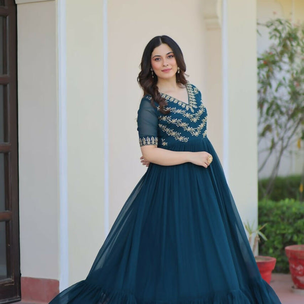 Teeya Creation Rama Color Faux Georgette Party Wear Hand Embroidery Work Long Gown - Distacart