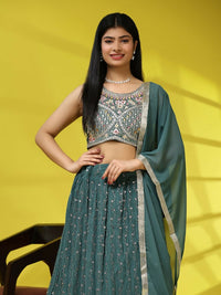 Thumbnail for Green Georgette Embroidered Lehenga choli with Dupatta - Dhara - Distacart