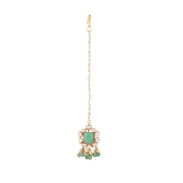Nuyug 22K Gold-Plated Kundan & Green Stone Embellished Maang Tikka Head Jewellery