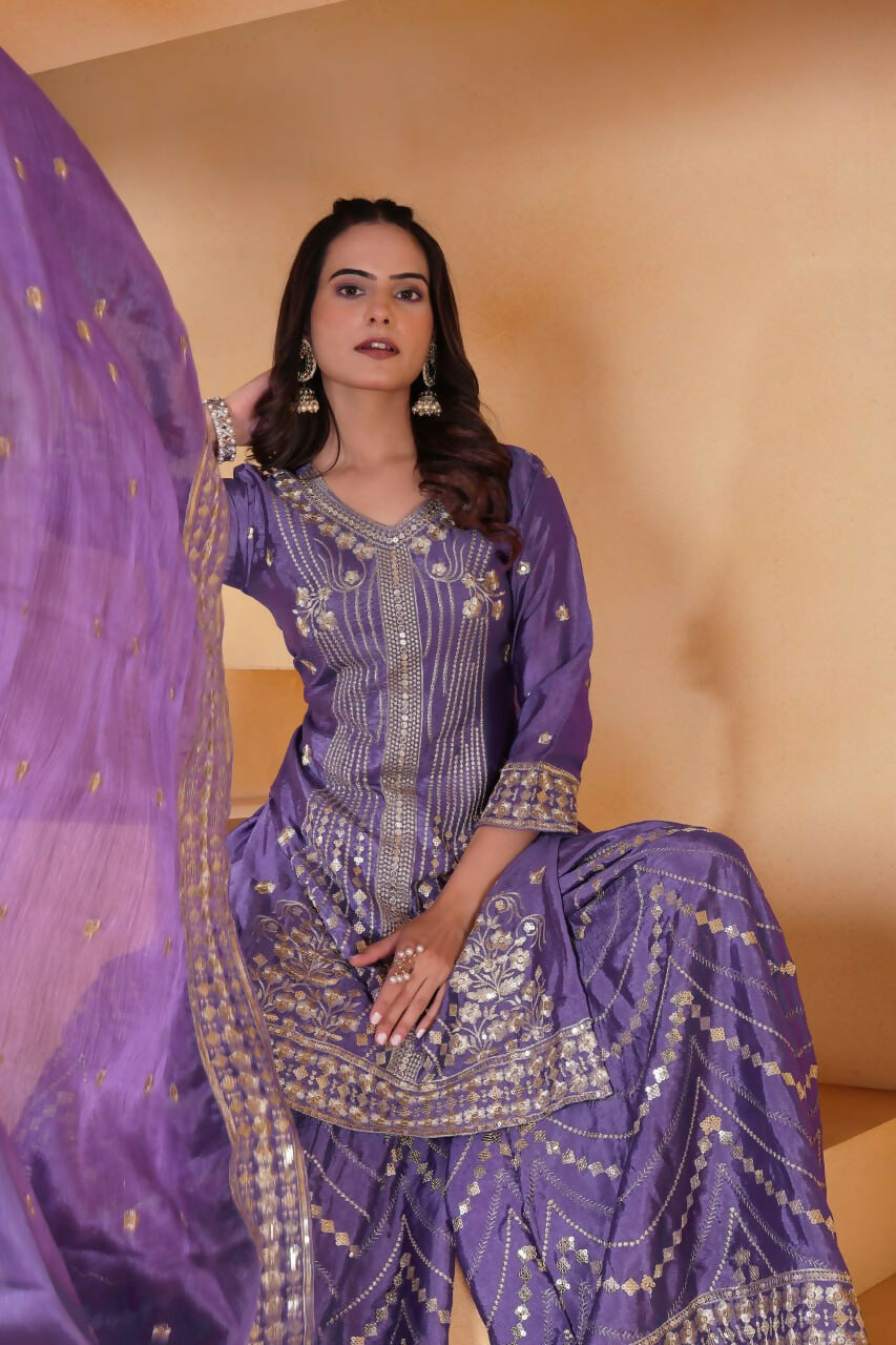 Teeya Creation Lavender Color Chinon Silk Wedding Wear Trending Palazzo Set - Distacart