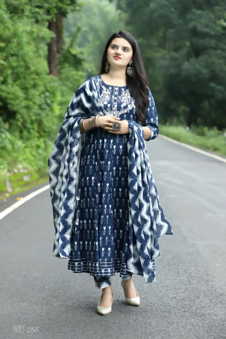 Alvano Anarkali Kurti with Pant and Dupatta set for Women and Girls Printed Cotton (Blue) - Distacart