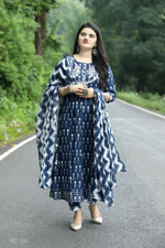 Thumbnail for Alvano Anarkali Kurti with Pant and Dupatta set for Women and Girls Printed Cotton (Blue) - Distacart