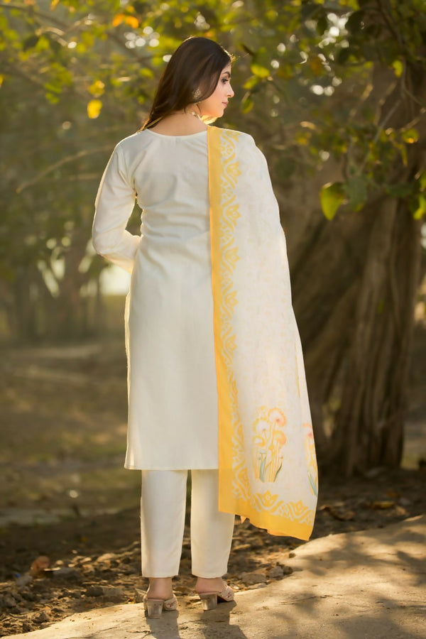 Preksha Creation White Wedding Special Women Cotton Embroidered Kurti With Dupatta And Pant
