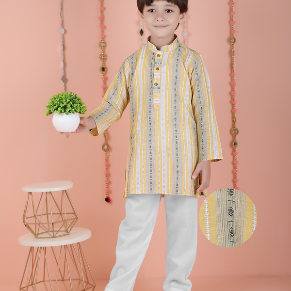 Joban Fashion Kids Island Cotton Full Sleeves Striped Kurta and Pyjama- Yellow - Distacart