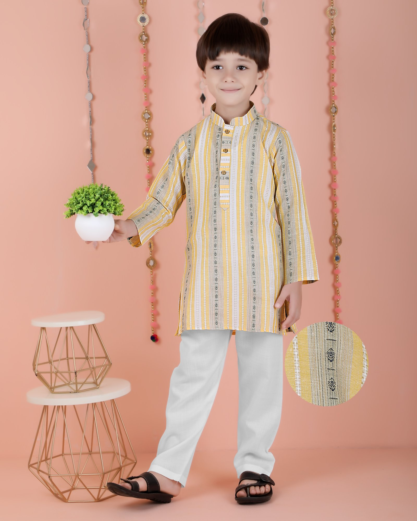 Joban Fashion Kids Island Cotton Full Sleeves Striped Kurta and Pyjama- Yellow - Distacart
