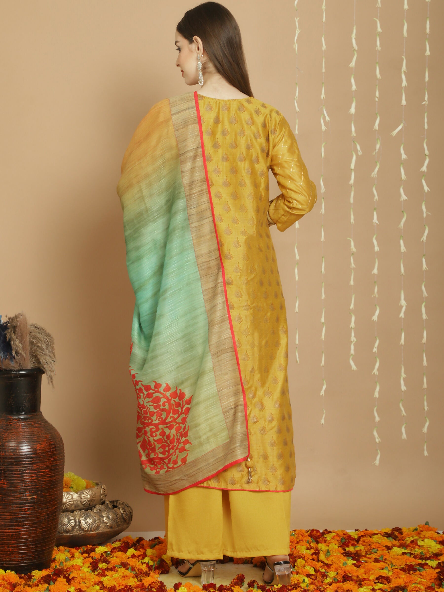 Jyoti Fashion Women's Yellow Chanderi Silk Elegant Jardoshi Semi Kurta with Trouser & Dupatta - Distacart
