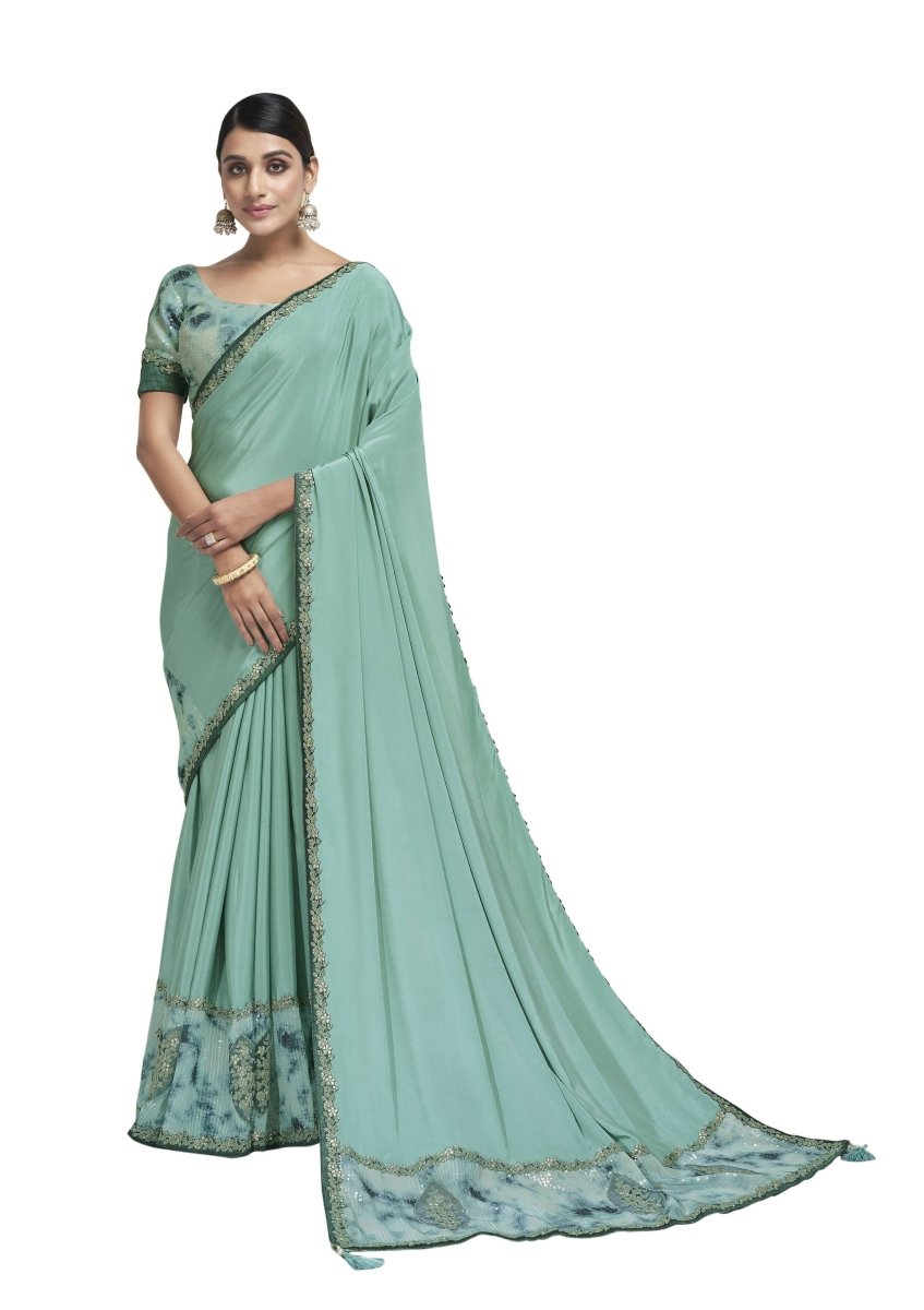 Aqua Blue Crepe Silk Sequence & Lace Work On Border Saree With Blouse Piece - Norita Avyaan - Distacart
