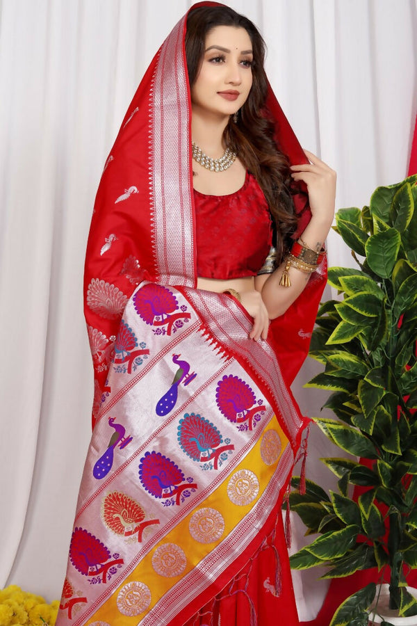 Jyoti Fashion Women's Red Paithani Silk Zari Woven Saree with Blouse - Distacart