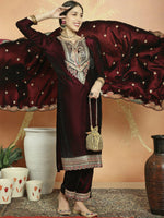 Thumbnail for Aastha Fashion Women's Maroon Velvet Cording with Resham Thread & Sequin Kurta with Trouser & Dupatta - Distacart