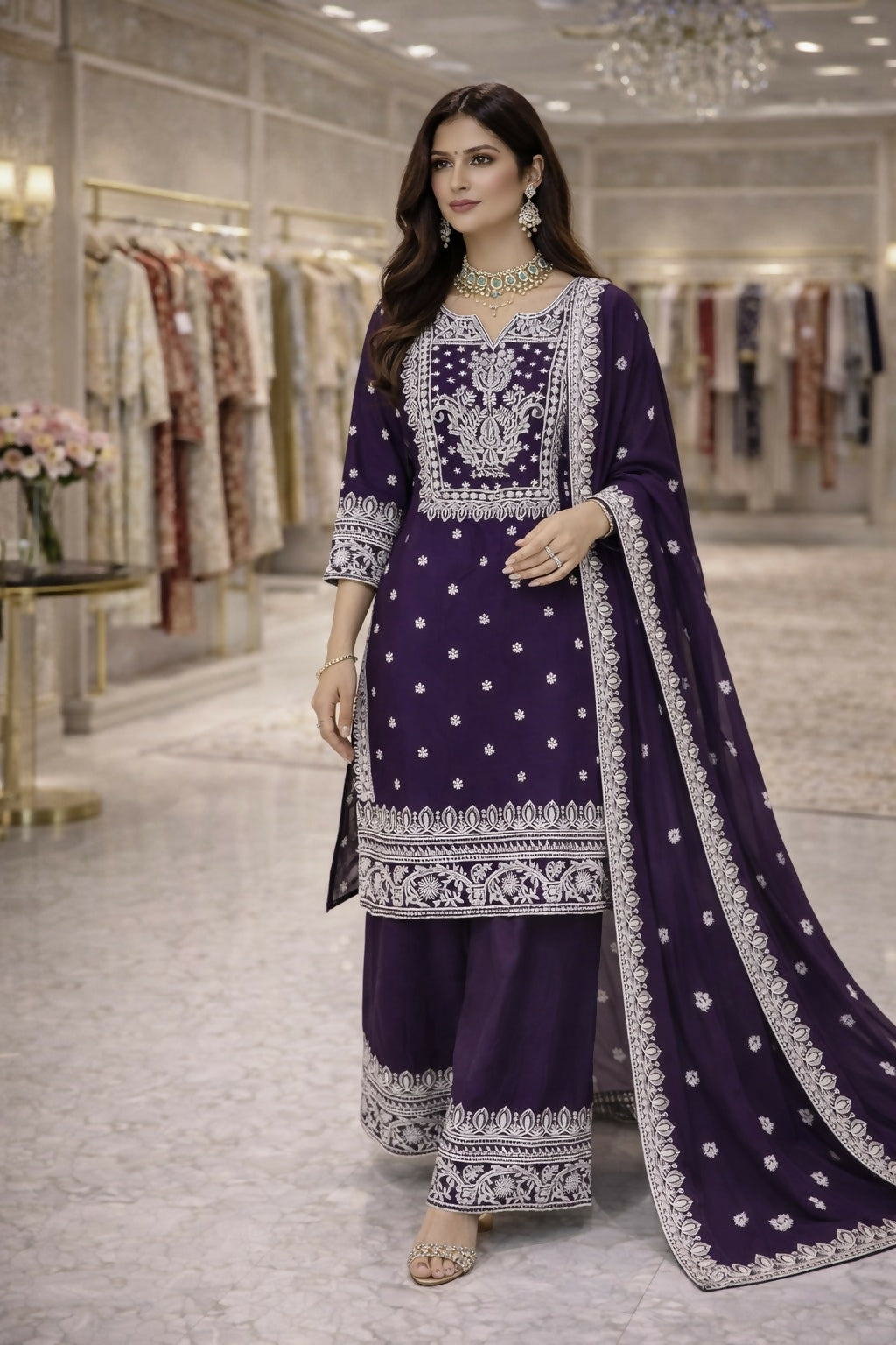 Teeya Creation Purple Fendi Silk Designer Heavy Work Wedding Wear Palazzo - Distacart