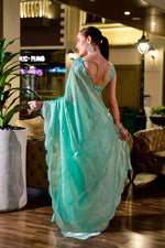 Thumbnail for Vastranavya Turquoise Embroidery Work Shimmer Chiffon Saree with Unstitched Blouse