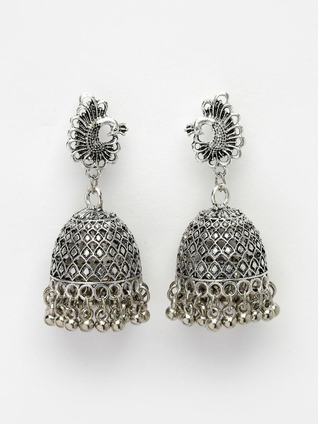 NVR Women's Silver-Toned Peacock Design German Silver Oxidised Dome Shaped Jhumka Earrings - Distacart