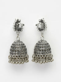 Thumbnail for NVR Women's Silver-Toned Peacock Design German Silver Oxidised Dome Shaped Jhumka Earrings - Distacart