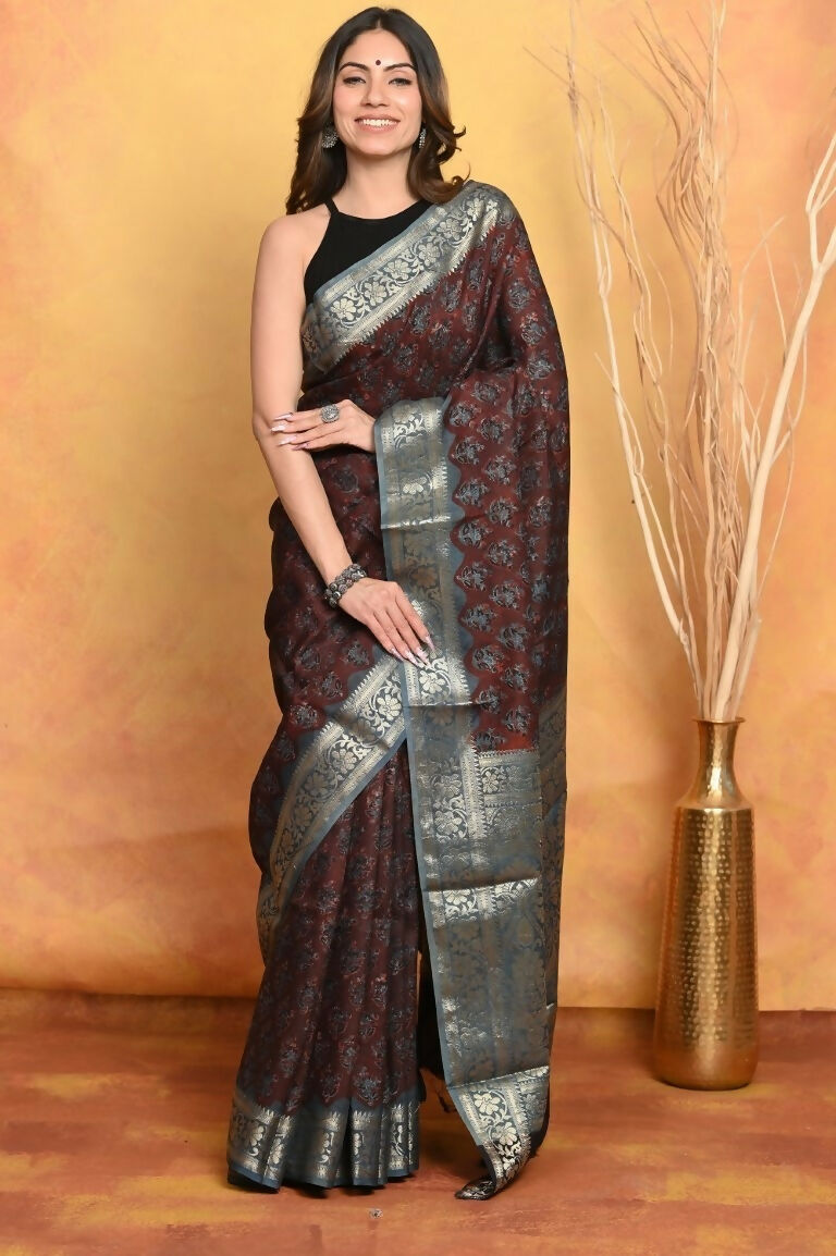 Very Much Indian Modal Silk Ajrakh Handblock Printed Natural Dyes With Designer Border Saree - Dark Maroon - Distacart