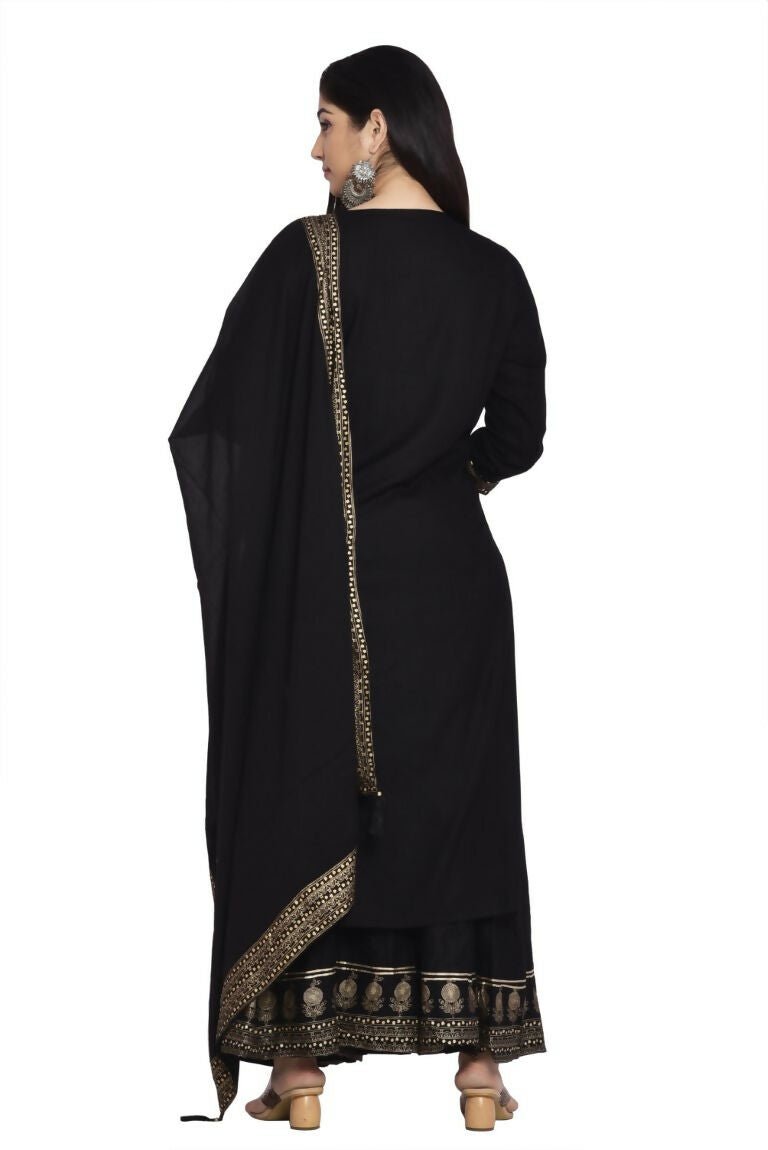 Alvano Women's Gold Zari Print Kurti with Palazzo and Dupatta set Rayon - Distacart