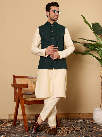 MULTI SHADES Men's Green Embroidered Band Neck Woven Design Nehru Jacket - Dista