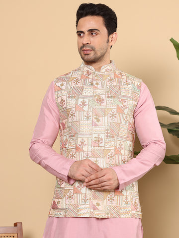MULTI SHADES Men's Multi Colour Embroidered Band Neck Woven Design Nehru Jacket - Dista