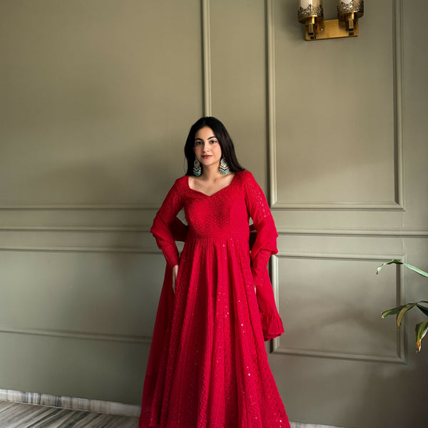 Teeya Creation Red Color Faux Georgette Heavy Embroidery Work Functional Wear Gown - Distacart