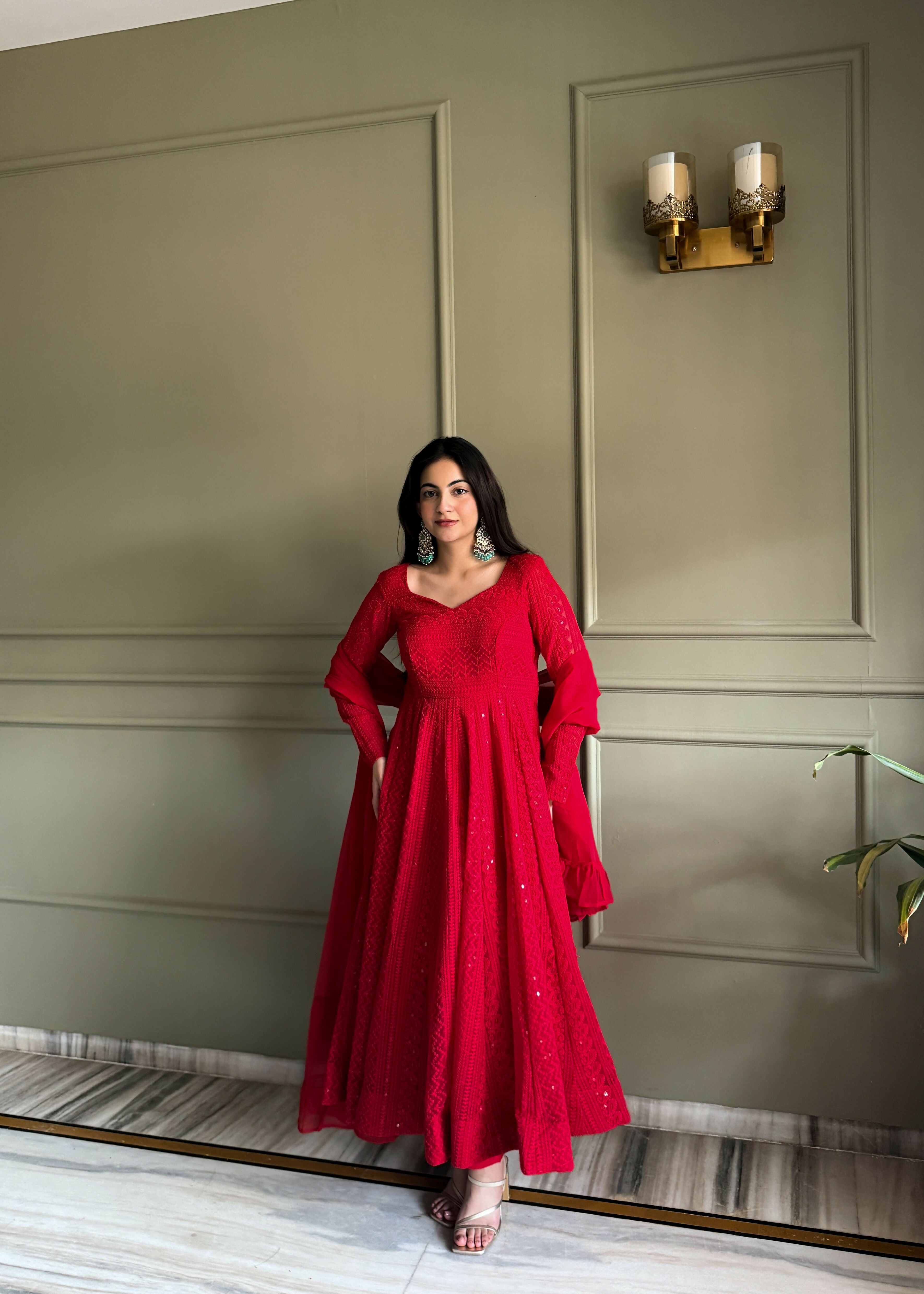 Teeya Creation Red Color Faux Georgette Heavy Embroidery Work Functional Wear Gown - Distacart