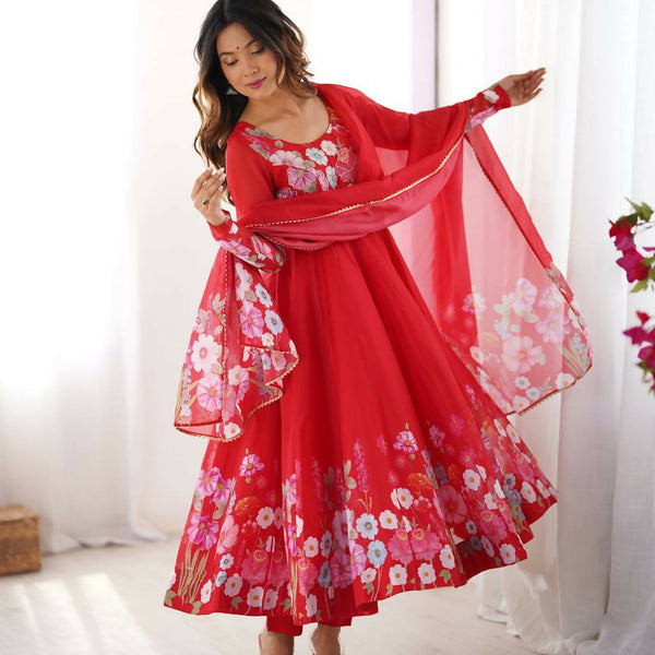 The52 Women's Gorgeous Floral Printed Organza Silk Fabric Flared Anarkali Pant and Dupatta Set - Distacart