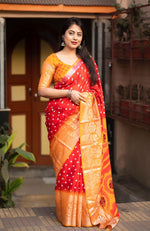 Thumbnail for Red Jute Silk Printed Saree with Unstitched Blouse - Hiral Fashion - Distacart