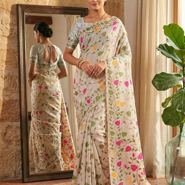Shree Shyam Fashion White Linen Cotton Saree - Distacart