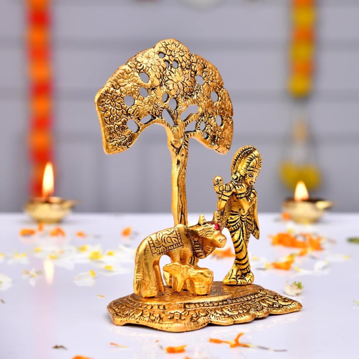 Ascension Designer Metal Cow Calf and Krishna Idol - Distacart