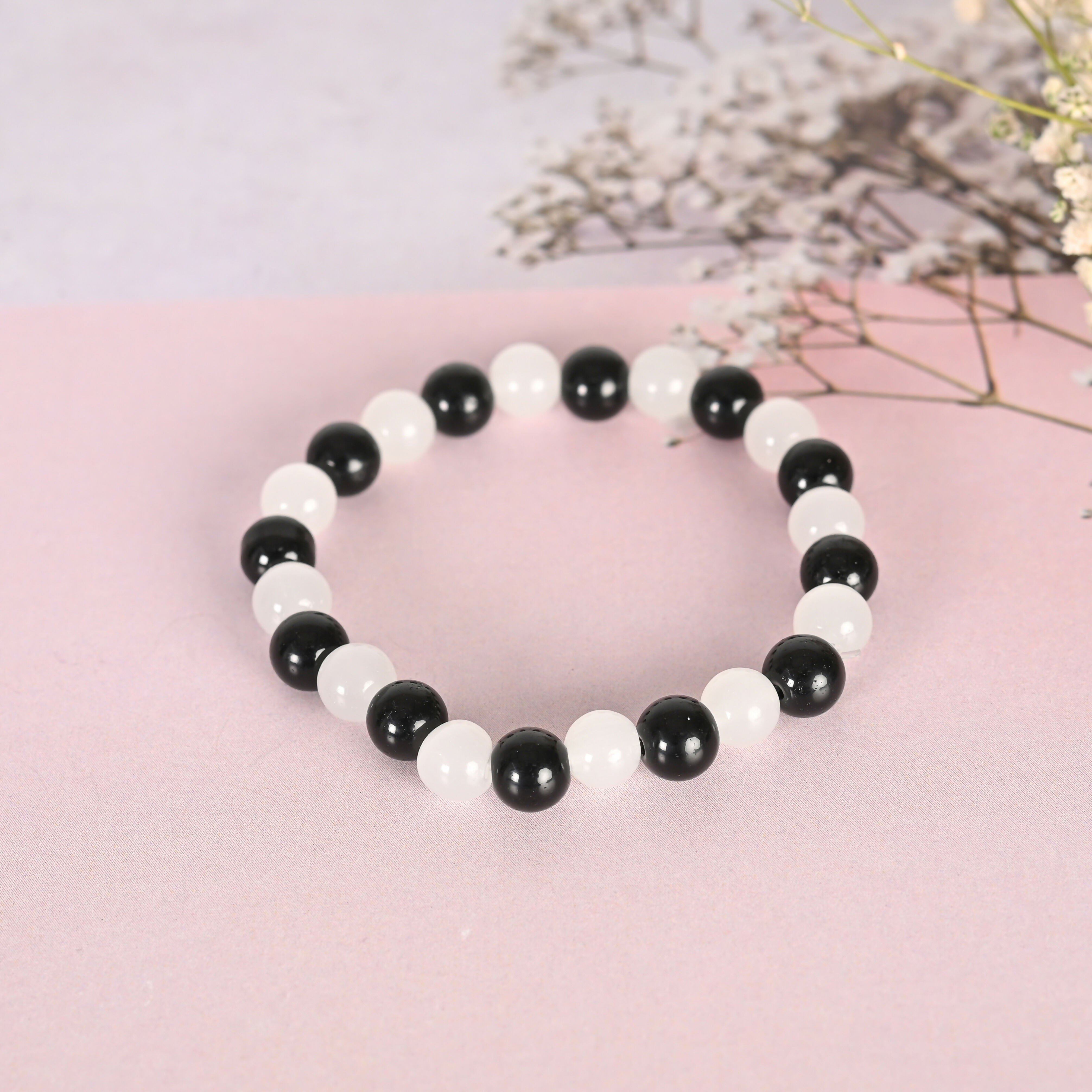 NVR Men & Women White Marble Crystal Beaded Elasticated Bracelet - Distacart