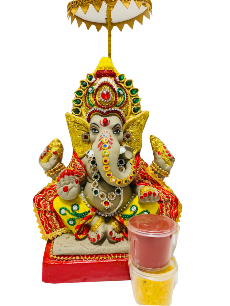 Eco-Friendly Ganesh Idols (Non-Toxic Colors) With Chatri, Kumkum & Akshat - Distacart