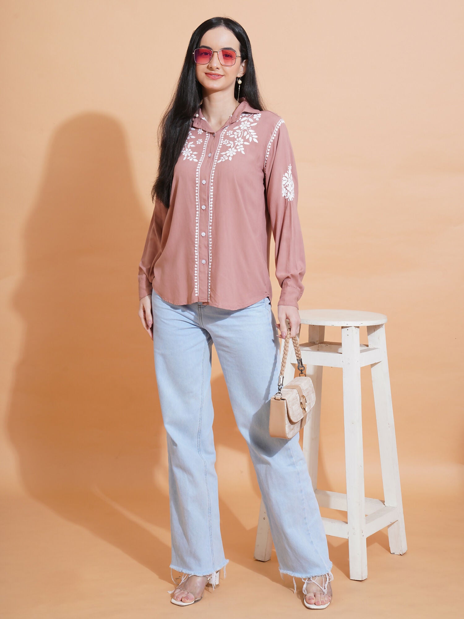 Pahnaz Modal Chikankari Handwork Shirt-Brown - Dista