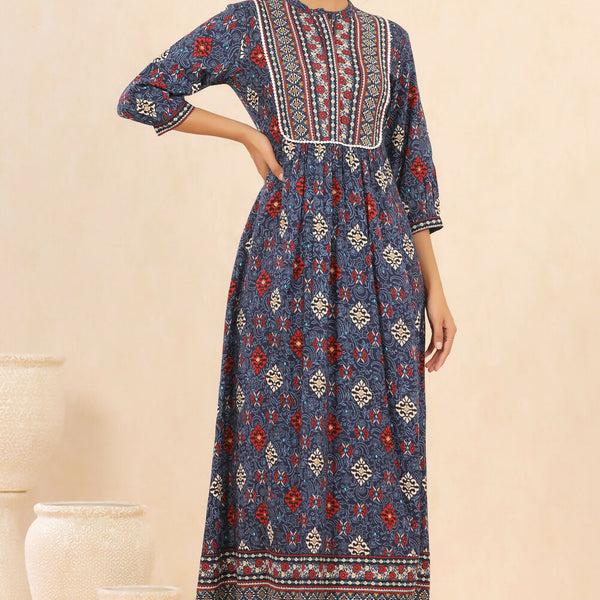 Juniper Indigo Floral Printed Rayon Maxi dress with Lace Work - Distacart