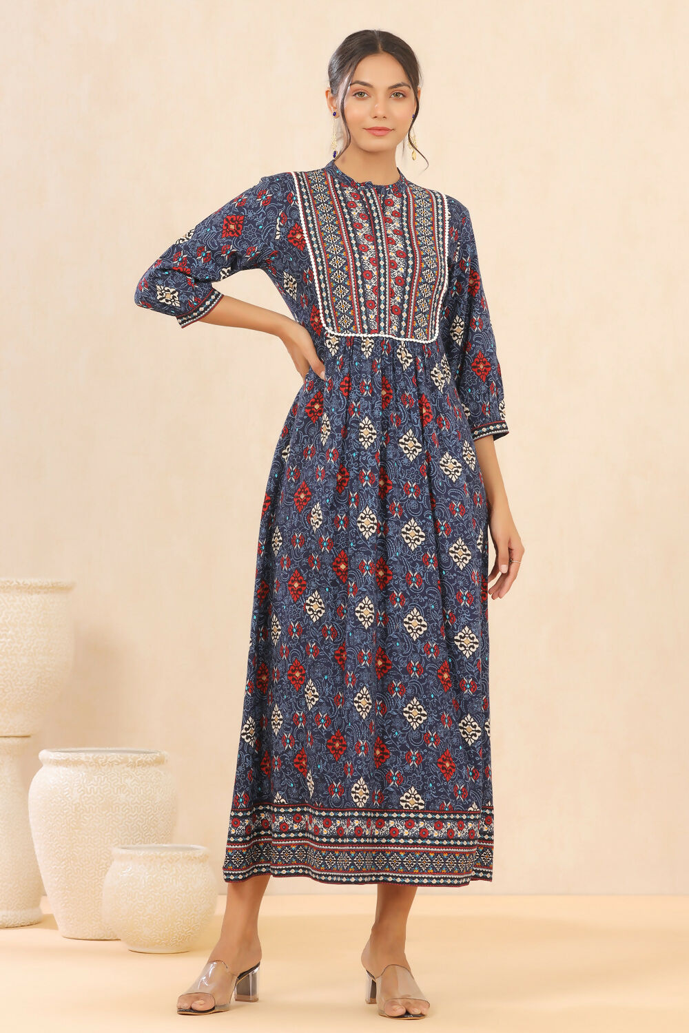Juniper Indigo Floral Printed Rayon Maxi dress with Lace Work - Distacart