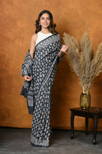 Thumbnail for Very Much Indian Handblock Printed Cotton Saree With Natural Dyes - Black White - Distacart