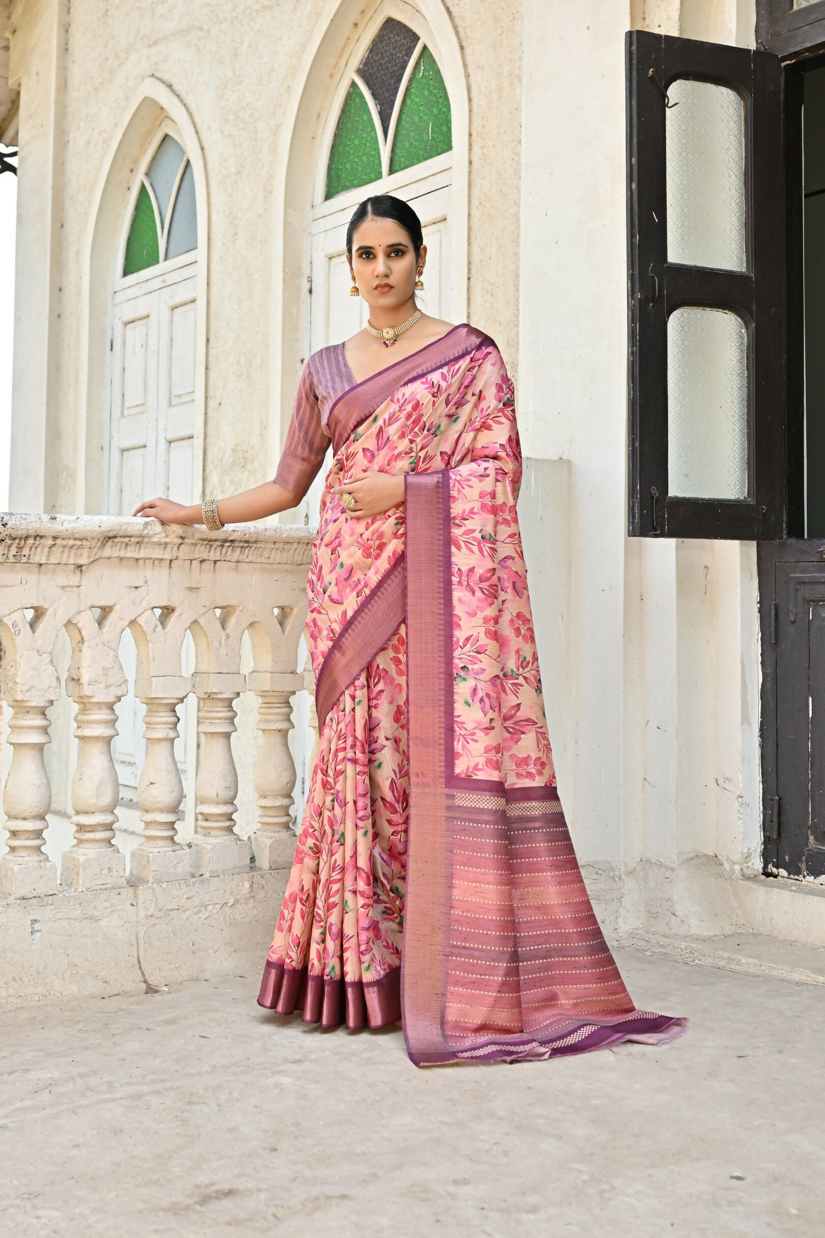 Vishnu Weaves Women's Pink Soft Tussar Silk Saree with Blouse - Distacart