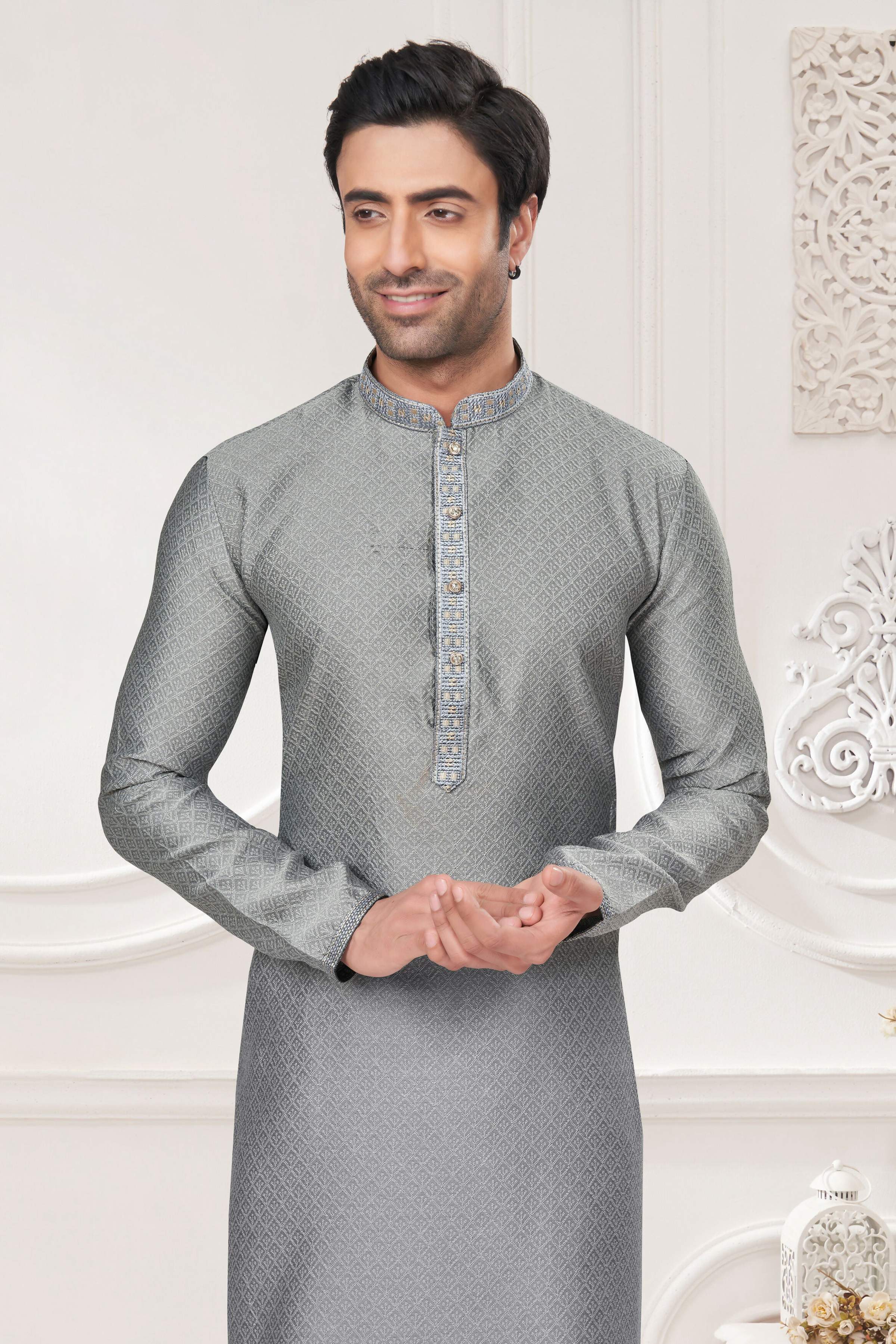 Functional Designer Men's Grey Jacquard Kurta With Pant - Rudra - Distacart