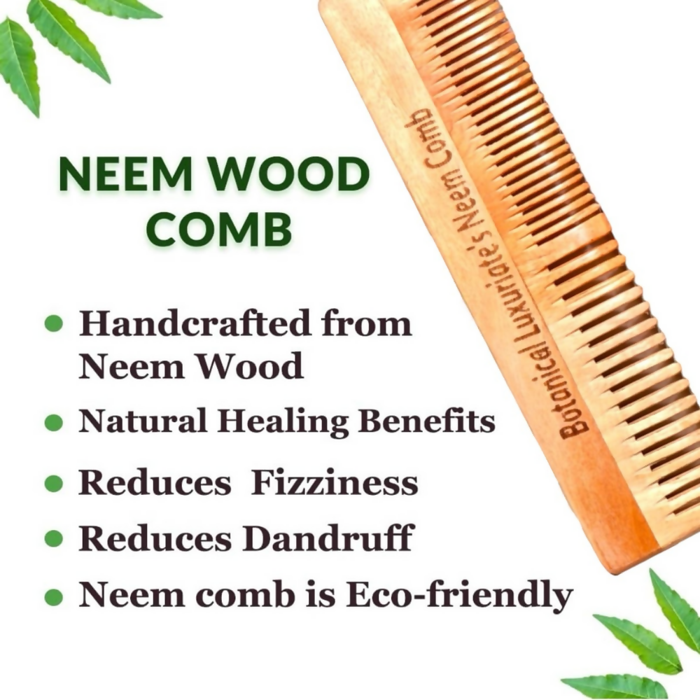 Botanical Luxuriate 100% Pure Neem Wood Comb Dual Tooth With Soft Edges - Dista