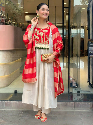 The52 Women's Gorgeous Embroidery Work Silk Fabric Flared Anarkali Pant and Dupatta Set-White - Dista