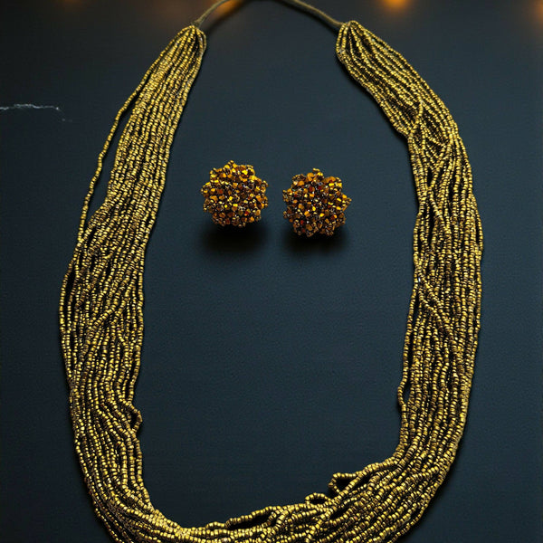 Inhanns Rangsaaz 20-Layer Luxe Long Beaded Necklace (With Optional Statement Earrings) - Golden Long With Earring - Distacart