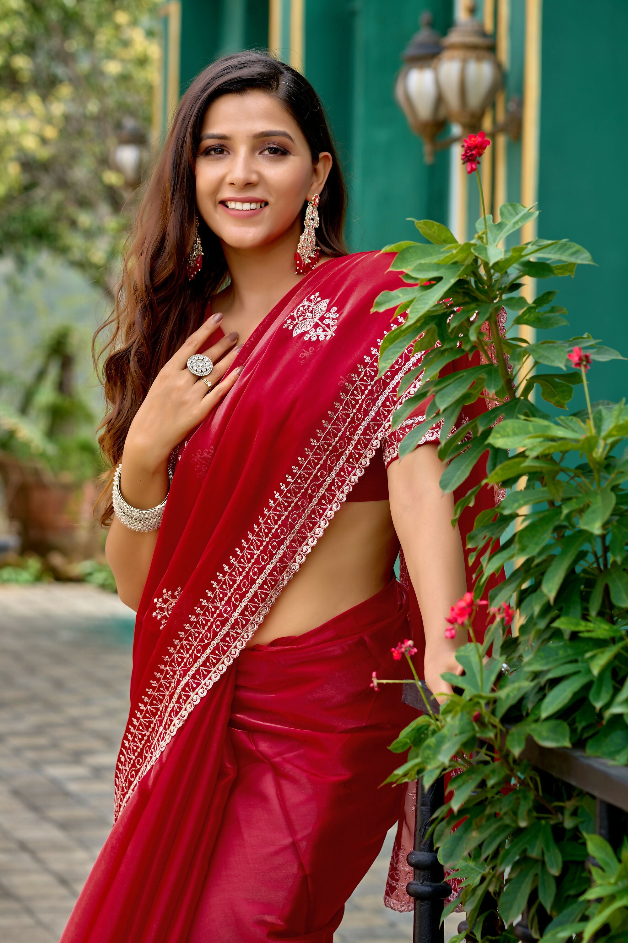Vastranavya Red Embroidery Work Shimmer Chiffon Saree with Unstitched Blouse