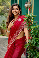 Thumbnail for Vastranavya Red Embroidery Work Shimmer Chiffon Saree with Unstitched Blouse