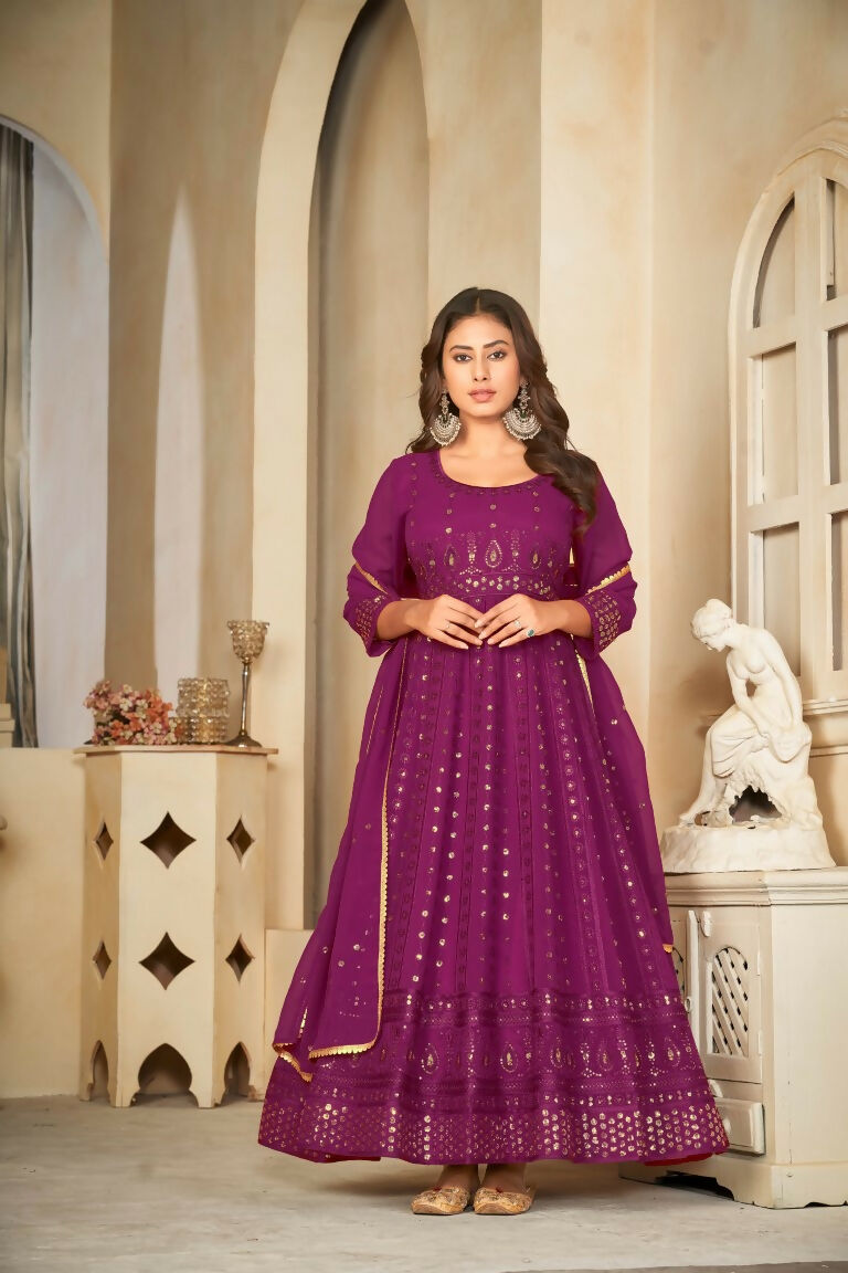 Jyoti Fashion Women's Wine Georgette Embroidered Anarkali Kurta Pant Set With Dupatta - Distacart
