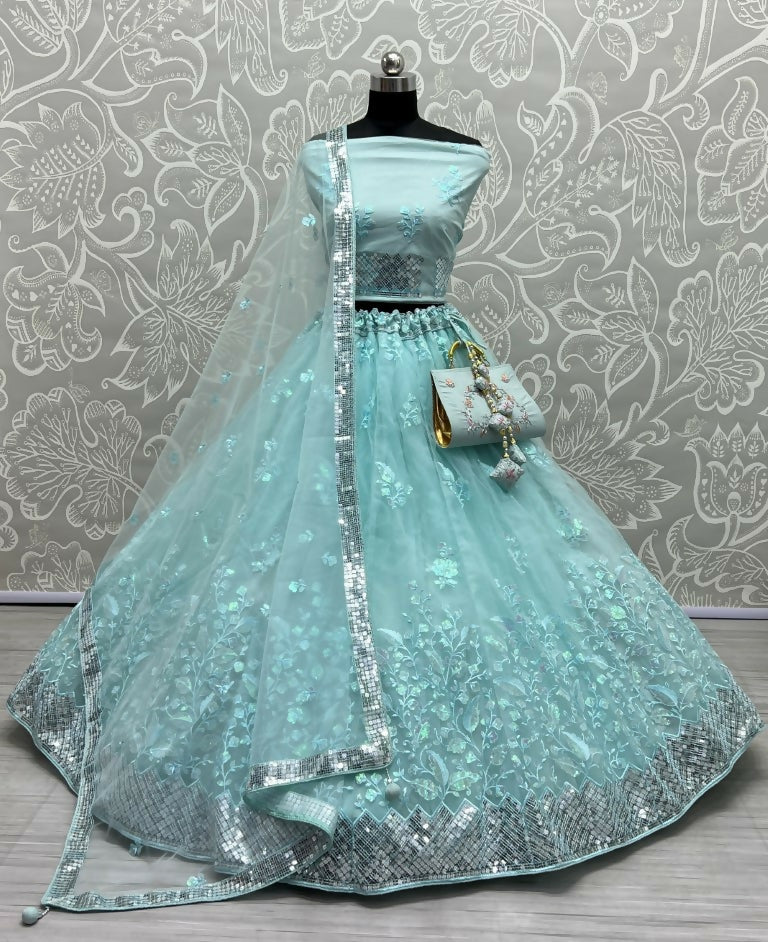 Jyoti Fashion Women's Sky Blue Bridal Net Fancy Sequins with Multi Thread Embroidered Wedding Lehenga Choli - Distacart