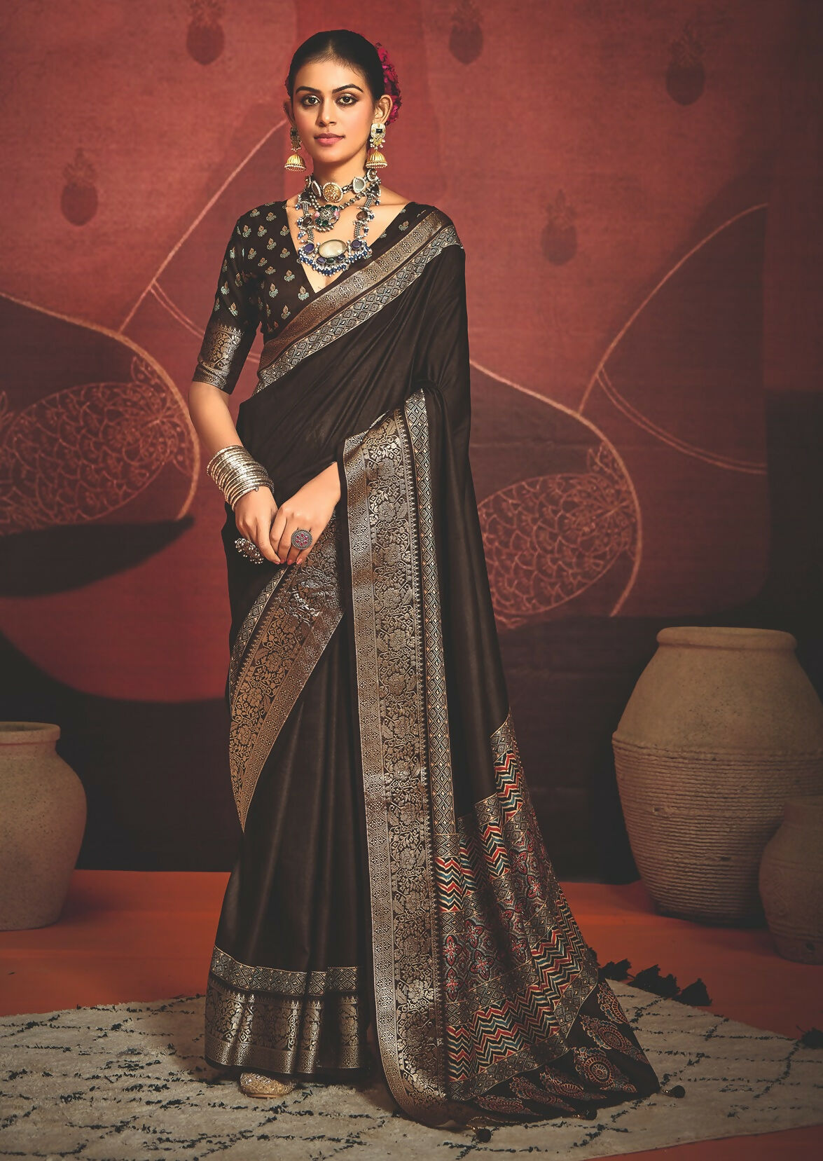 Joban Fashion Brown Art Silk With Fine Viscose Border Ajrak Full Body Print With Soft Finish Saree