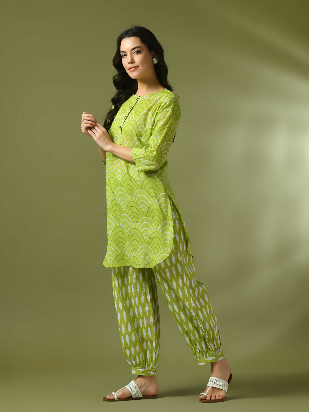 Myshka Women's Green Printed Cotton Round Neck Party Tunic With Trousers Co-ord set - Distacart