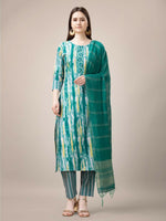 Thumbnail for Jyoti Fashion Women's Teal Rayon Print with Embroidery & Fancy Lace Work Kurta with Trouser & Dupatta - Distacart